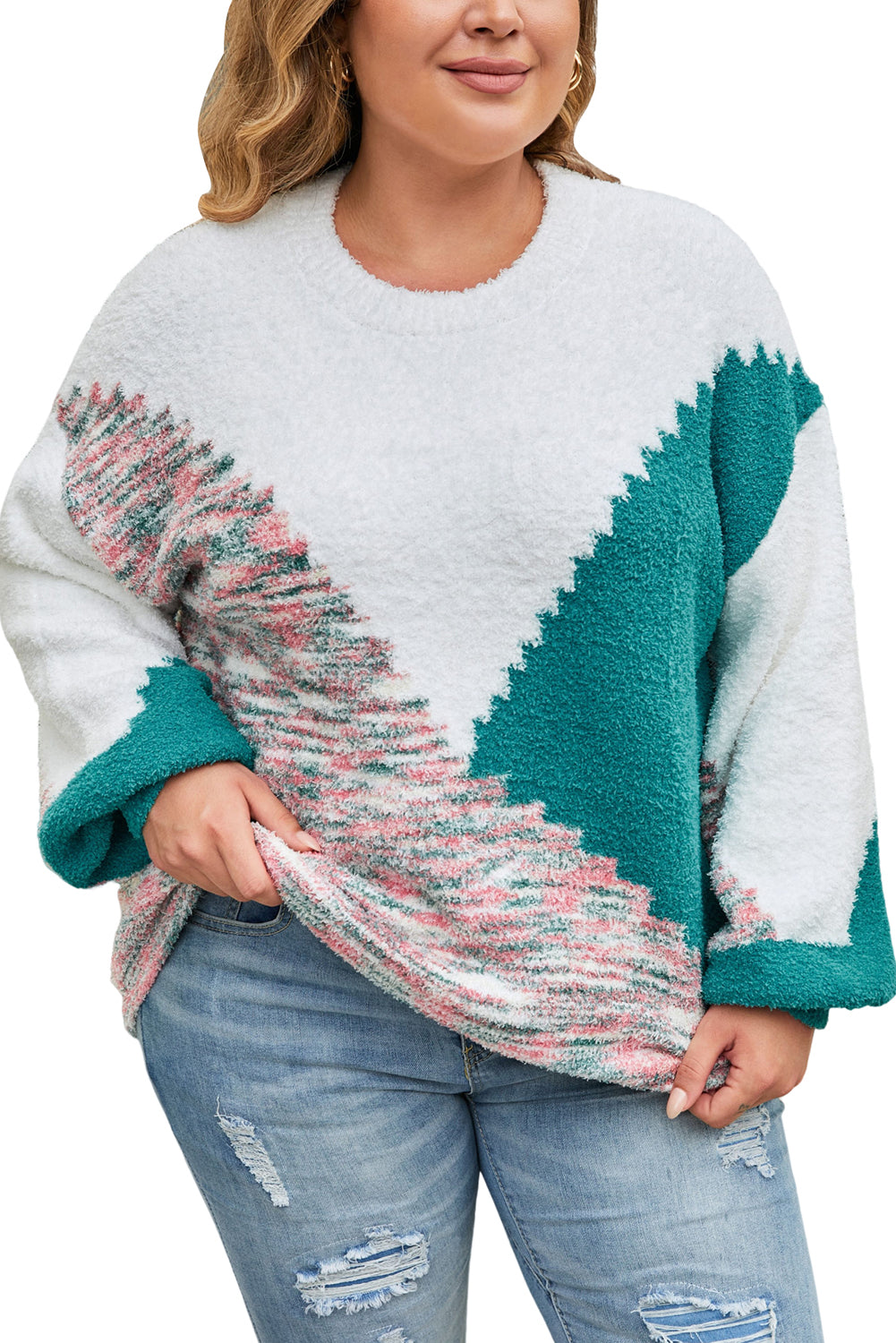 Multicolor Scalloped Color Block Plus Size Sweater