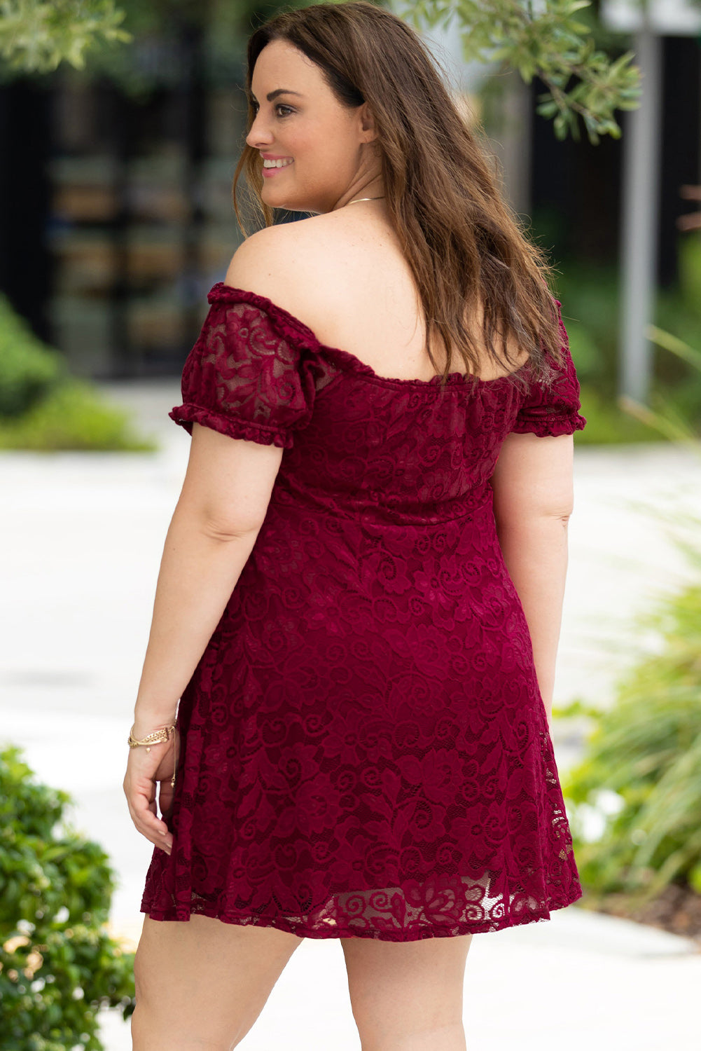 Fiery Red Lace Frill Bubble Sleeve Off Shoulder Plus Size Dress