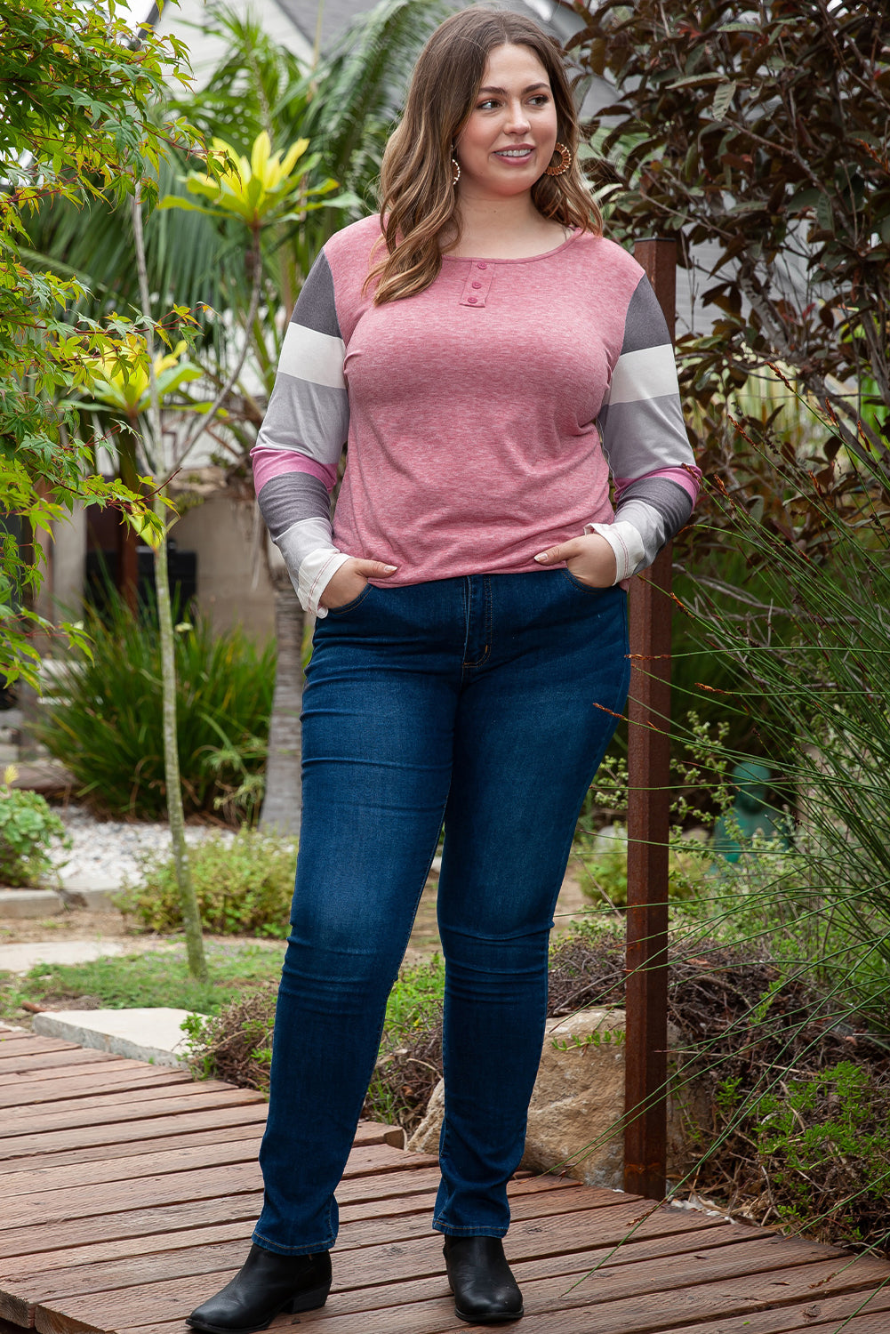 Pink Candy Striping Sleeve Plus Size Top