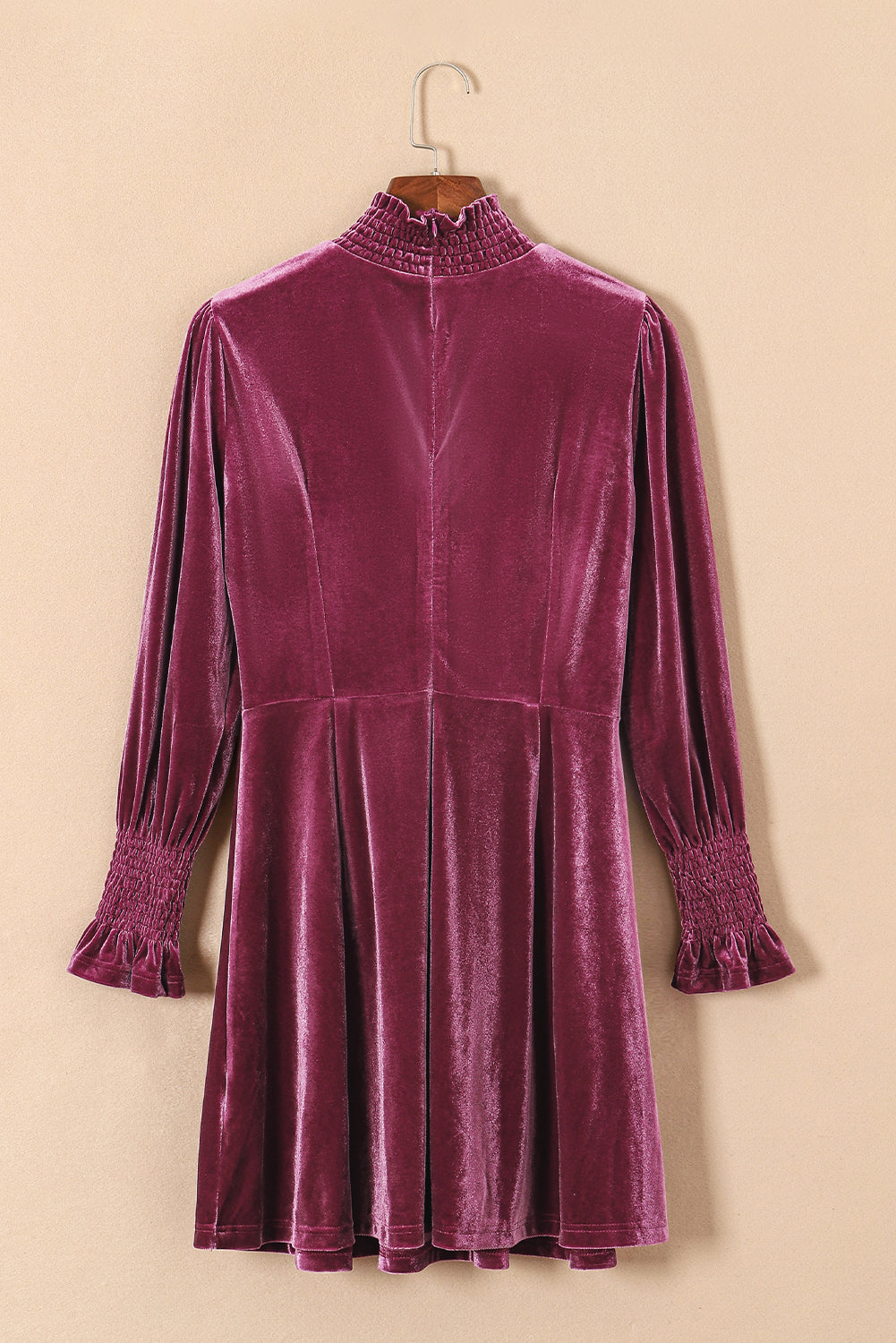 Burgundy Smocked High Neck Flounce Sleeve Velvet Dress