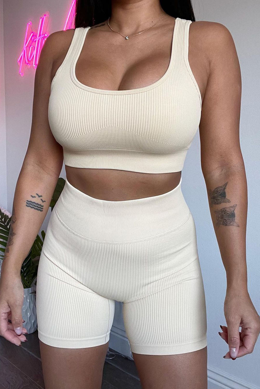 White 2pcs Solid Color Ribbed Knit Yoga Set