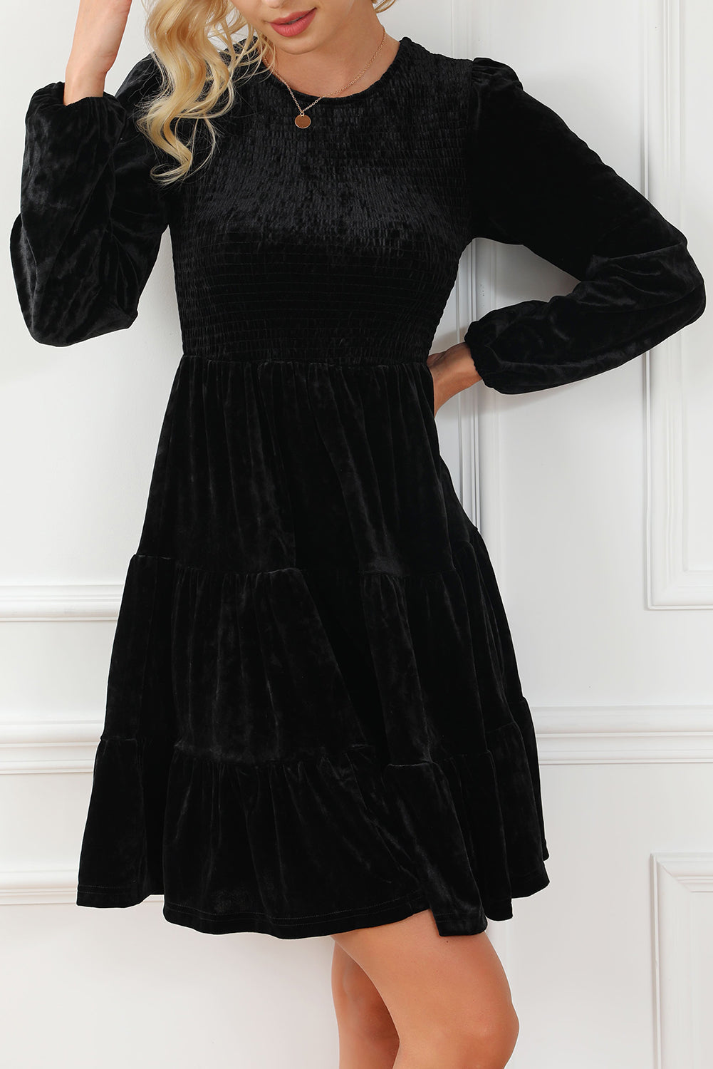 Black Velvet Smocked Puff Sleeve Ruffle Mini Dress