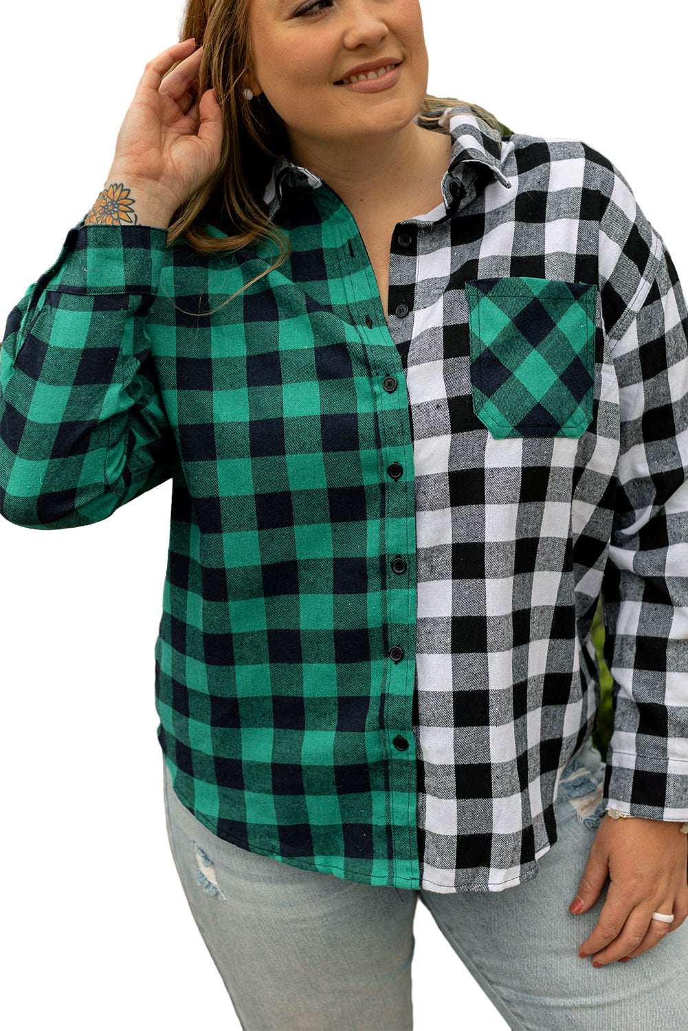 Sea Green Plaid Color Block Buttoned Plus Size Shacket