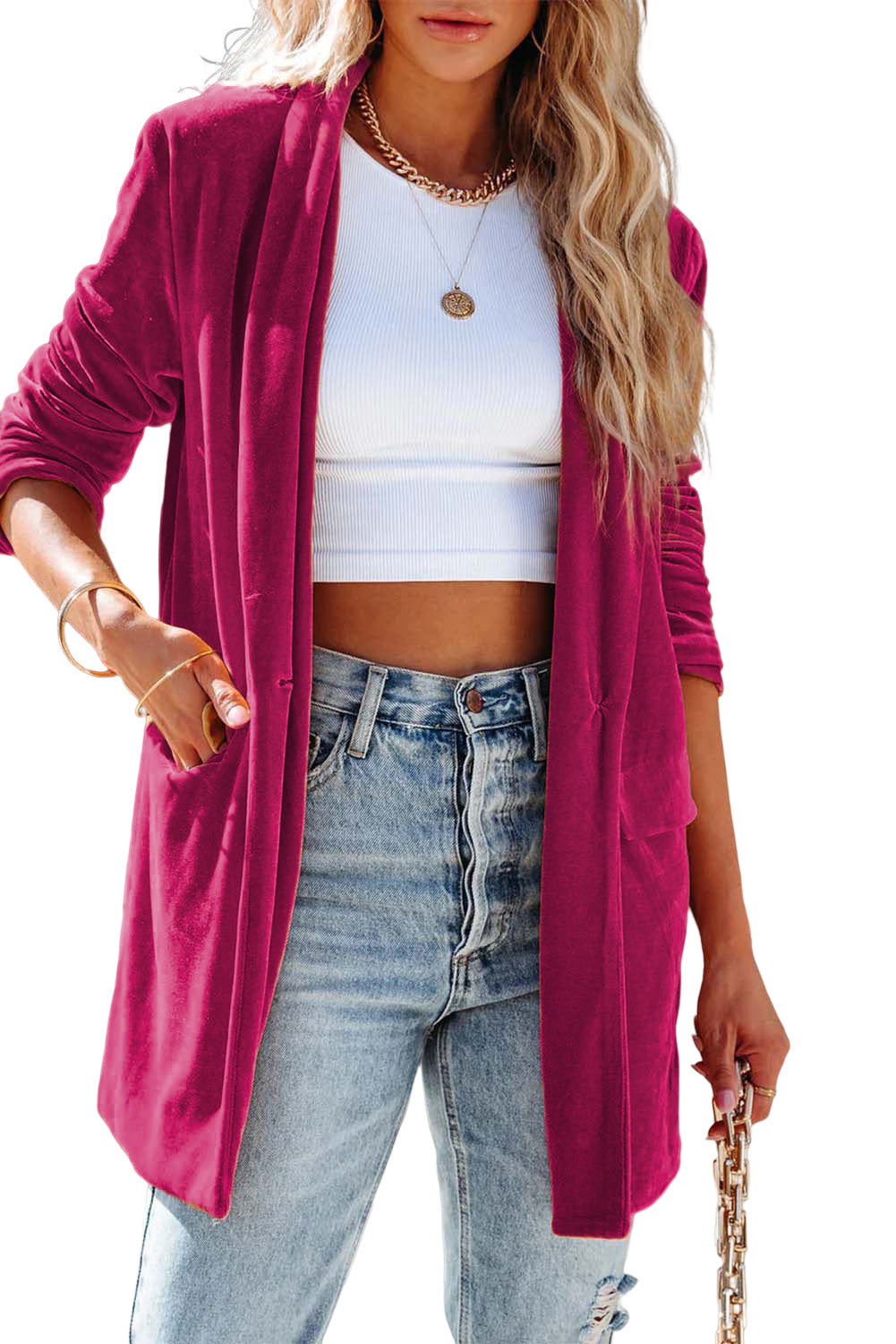 Rose Casual Pocketed Velvet Blazer