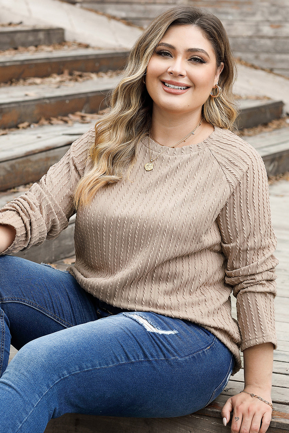 Camel Plus Size Crew Neck Ribbed Knit Top