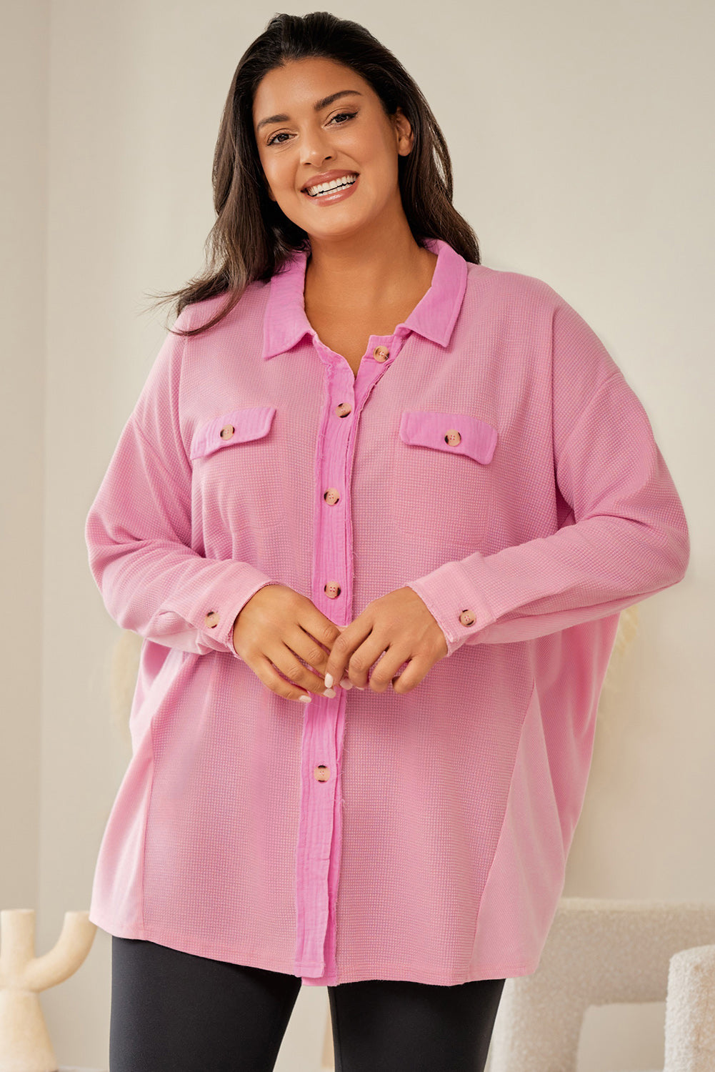 Pink Plus Size Waffle Knit Exposed Seam Shirt