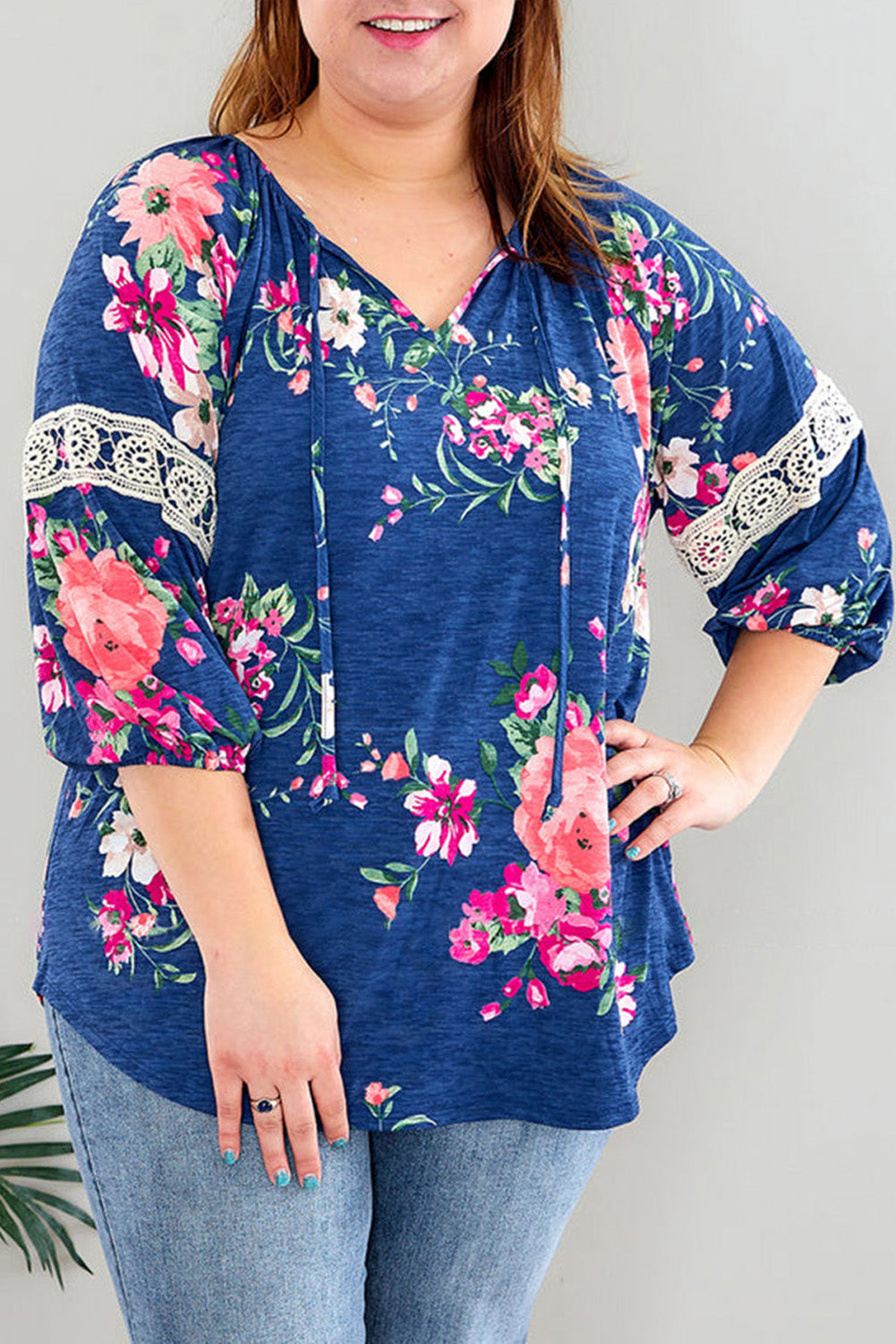 Dark Blue Plus Size Lace Patch 3/4 Sleeve Split Neck Floral Top