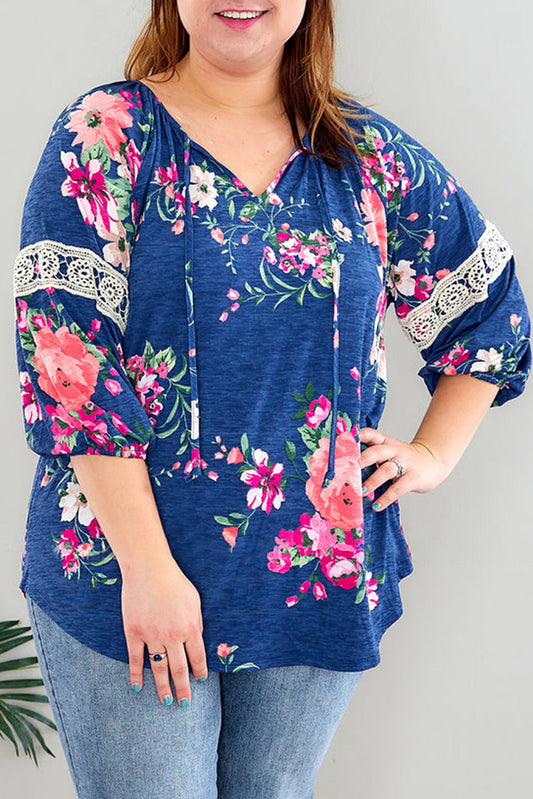 Dark Blue Plus Size Lace Patch 3/4 Sleeve Split Neck Floral Top