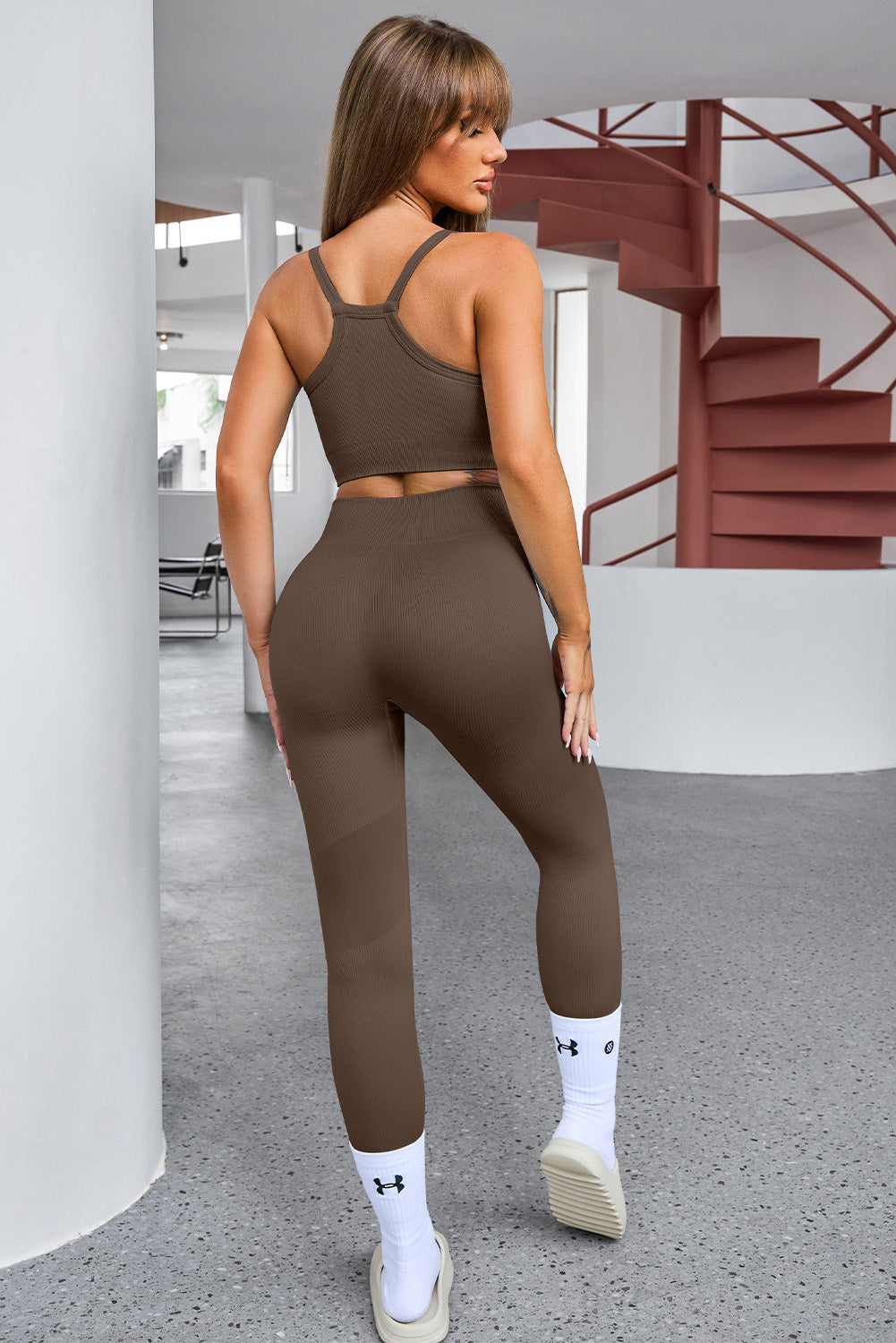 Brown Ribbed Knit 3pcs Sports Set