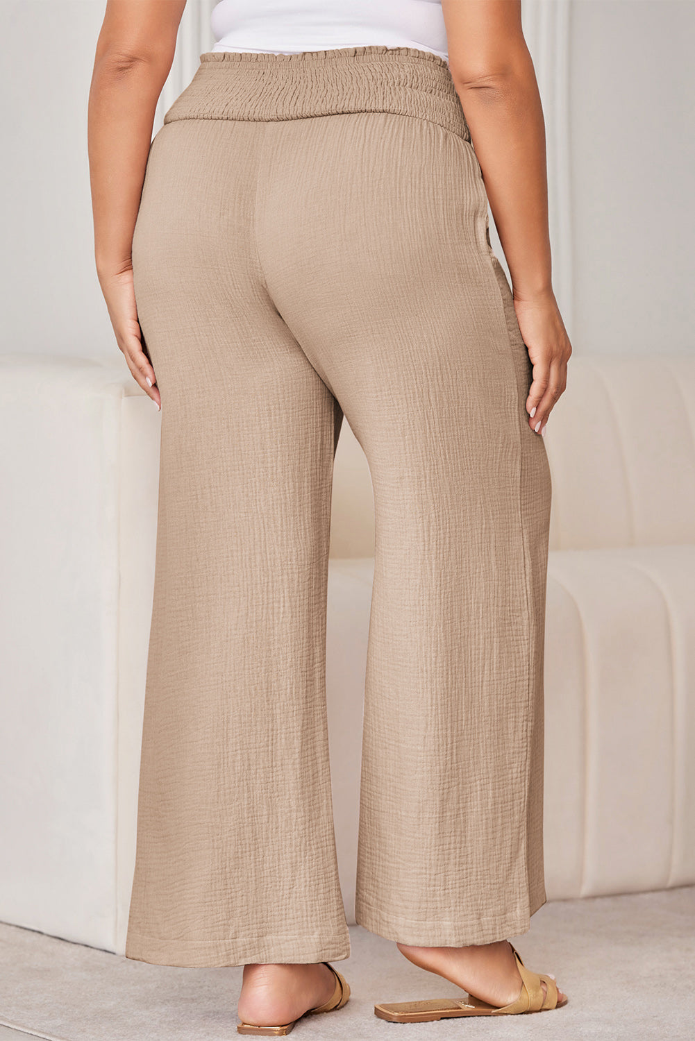 Khaki Textured High Waist Wide Leg Plus Size Pants