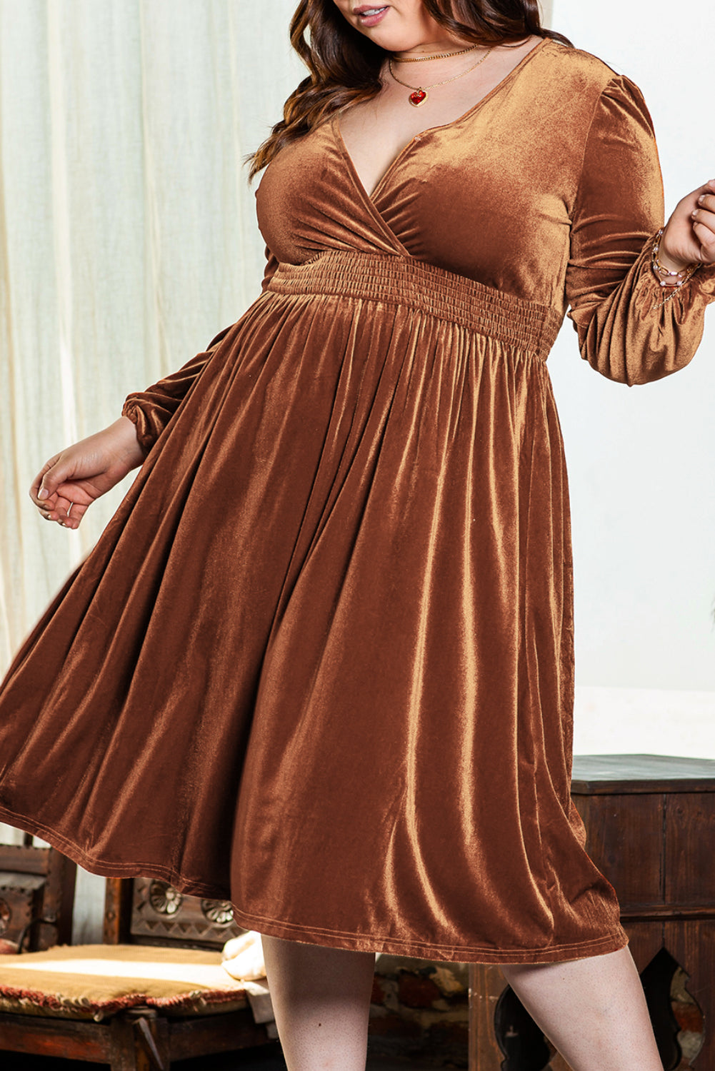 Camel Surplice V Neck Balloon Sleeve Velvet Dress