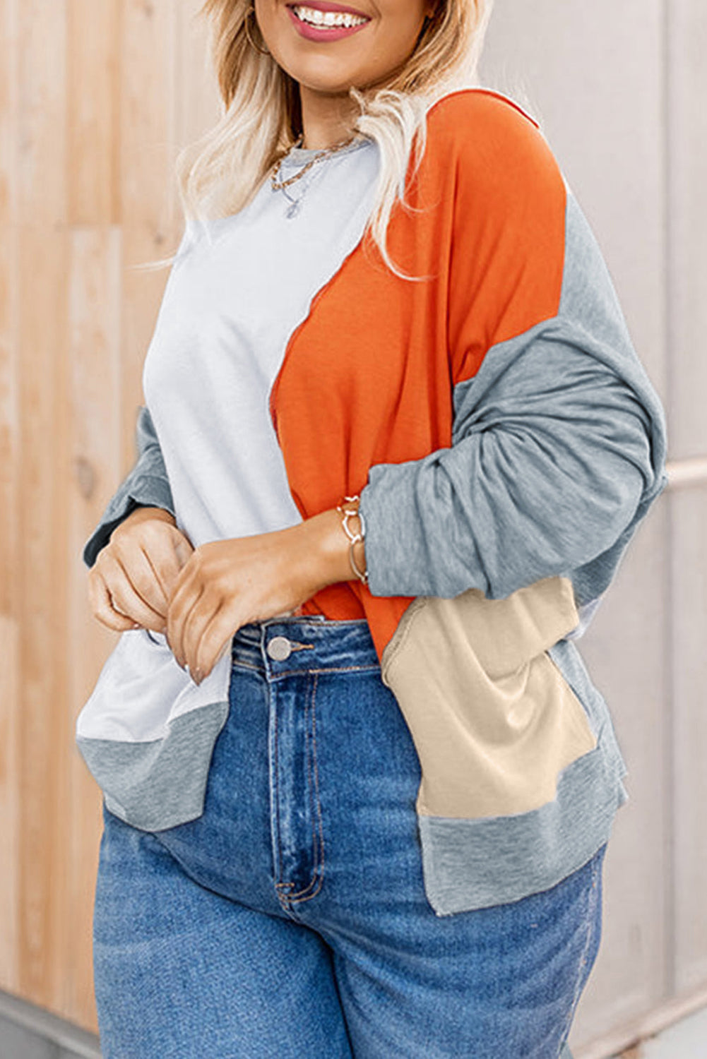 Multicolor Plus Size Colorblock Seamed Drop Shoulder Sweatshirt