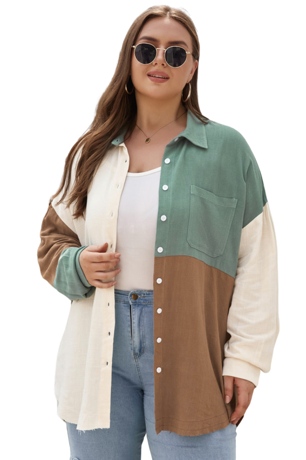 Green Colorblock Raw Edge Plus Size Shirt