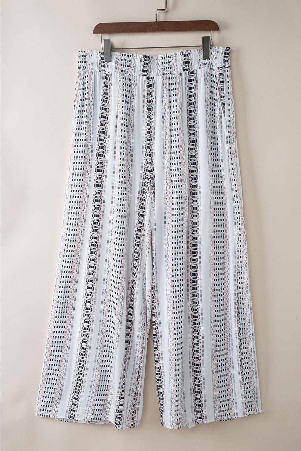 White Geometric Pattern Shirred Wide Leg Plus Size Pants