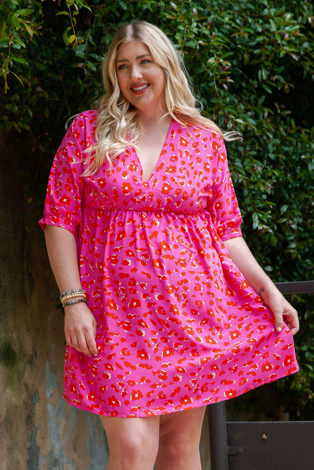 Rose Plus Size 3/4 Sleeves V Neck Leopard Dress