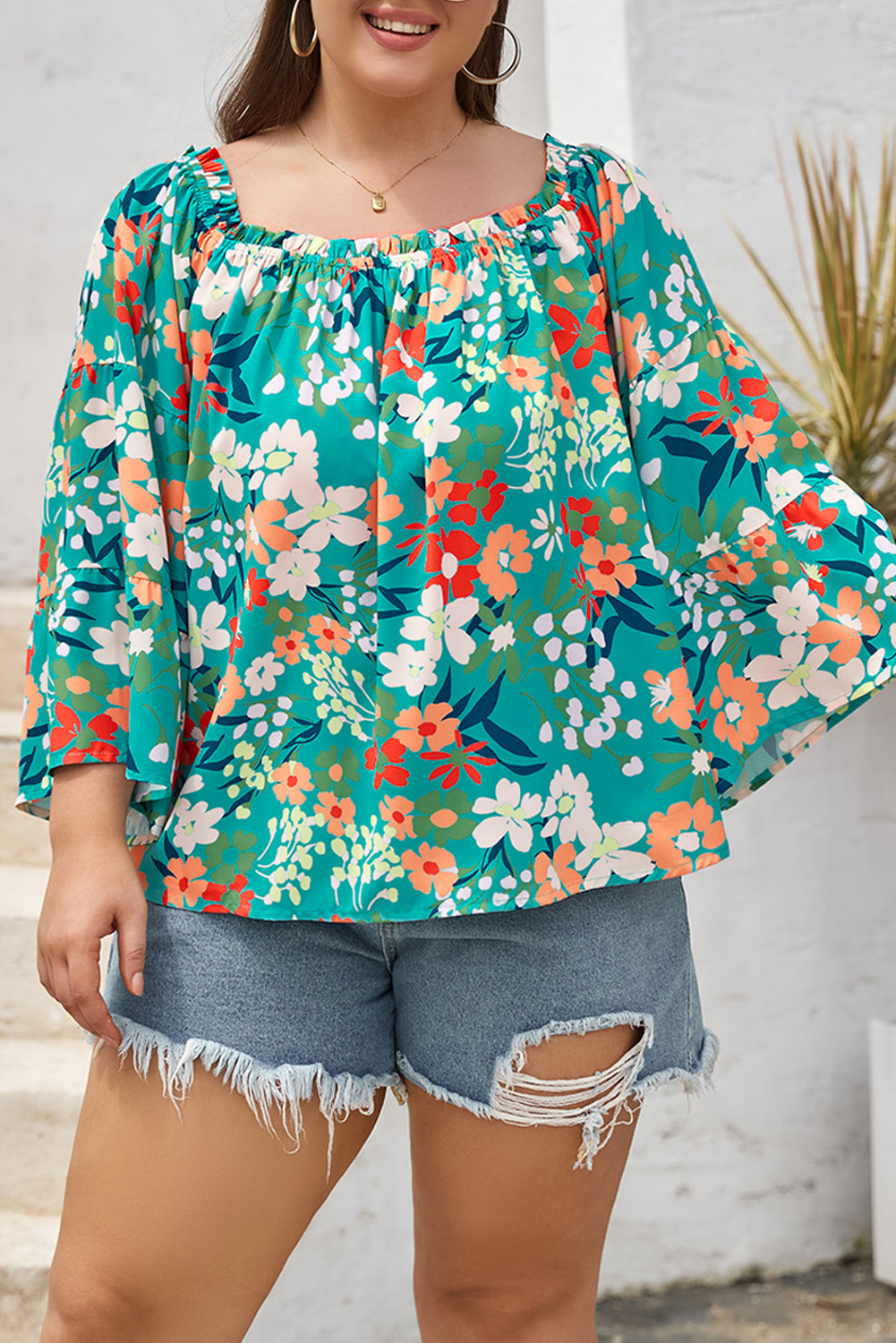 Green Floral Print Frilled Off Shoulder Plus Size Blouse