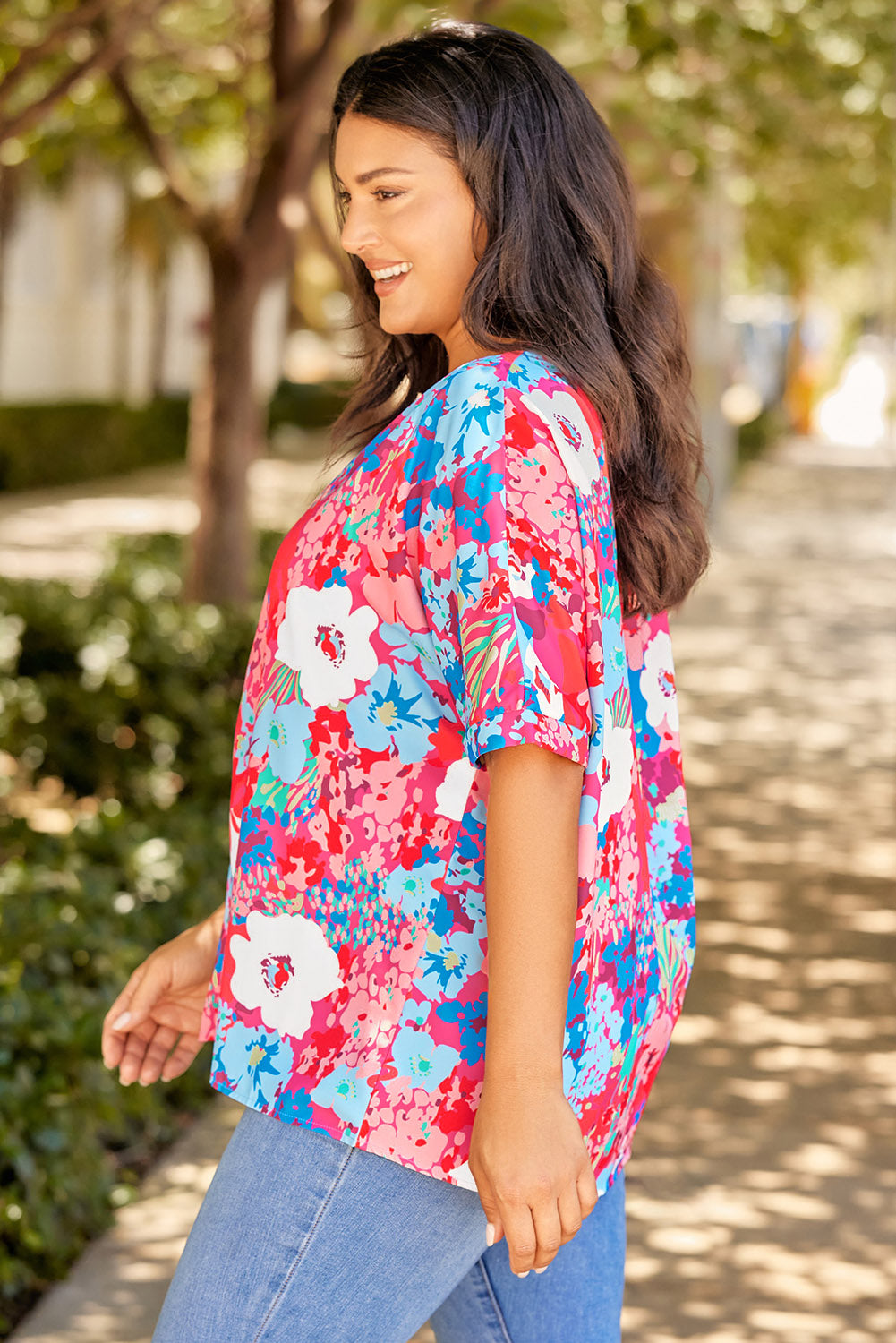 Sky Blue V Neck Dolman Sleeve Plus Size Floral Blouse