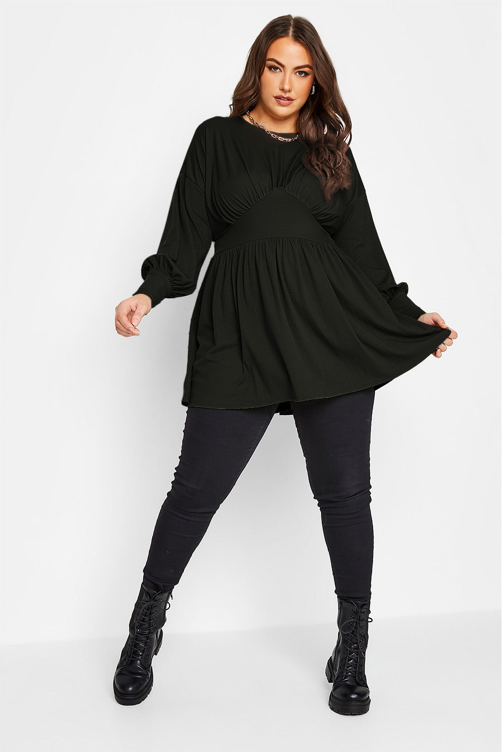 Black Plus Size Ribbed Knit Long Sleeve Tunic Babydoll Top