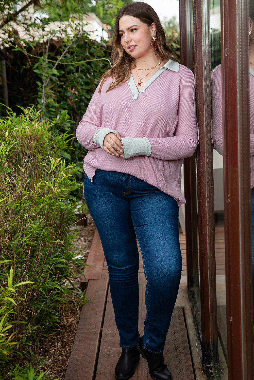 Pink Plus Size Exposed Seam Waffle Knit Top