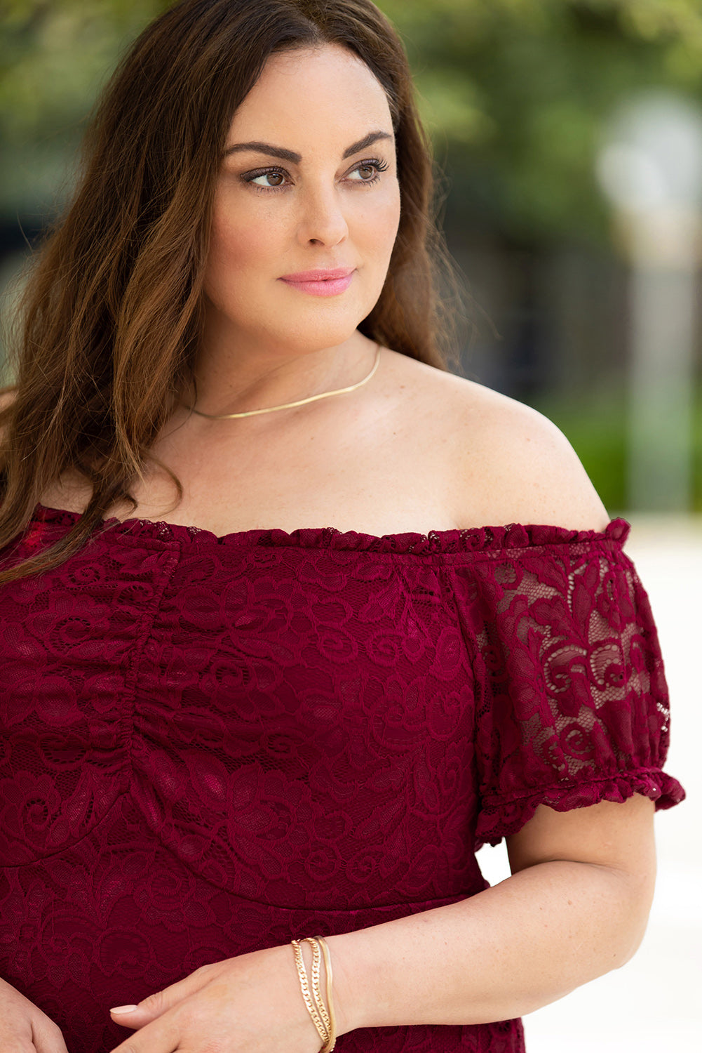 Fiery Red Lace Frill Bubble Sleeve Off Shoulder Plus Size Dress