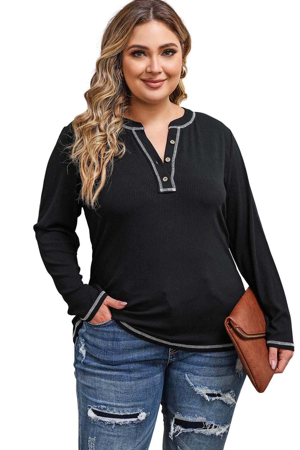 Black Plus Size Contrasting Topstitch Ribbed Henley Top