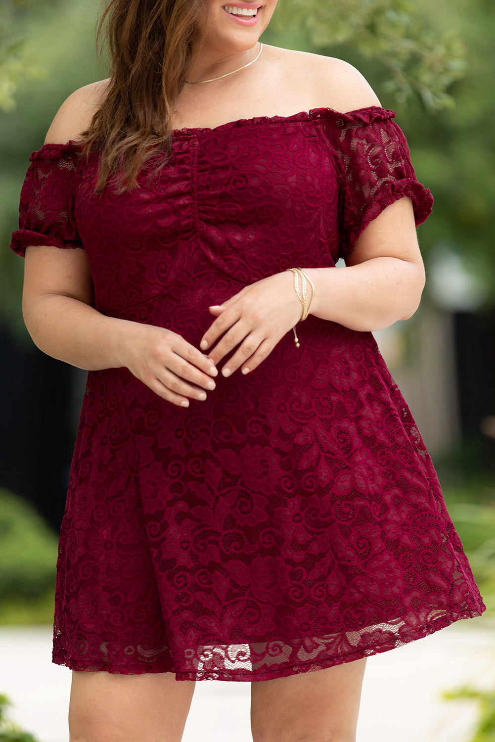 Fiery Red Lace Frill Bubble Sleeve Off Shoulder Plus Size Dress