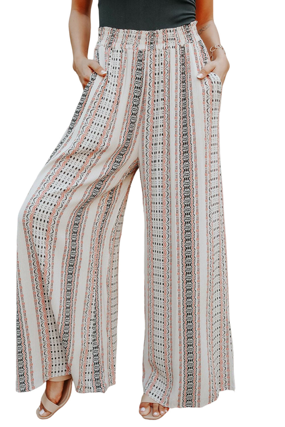 White Geometric Pattern Shirred Wide Leg Plus Size Pants