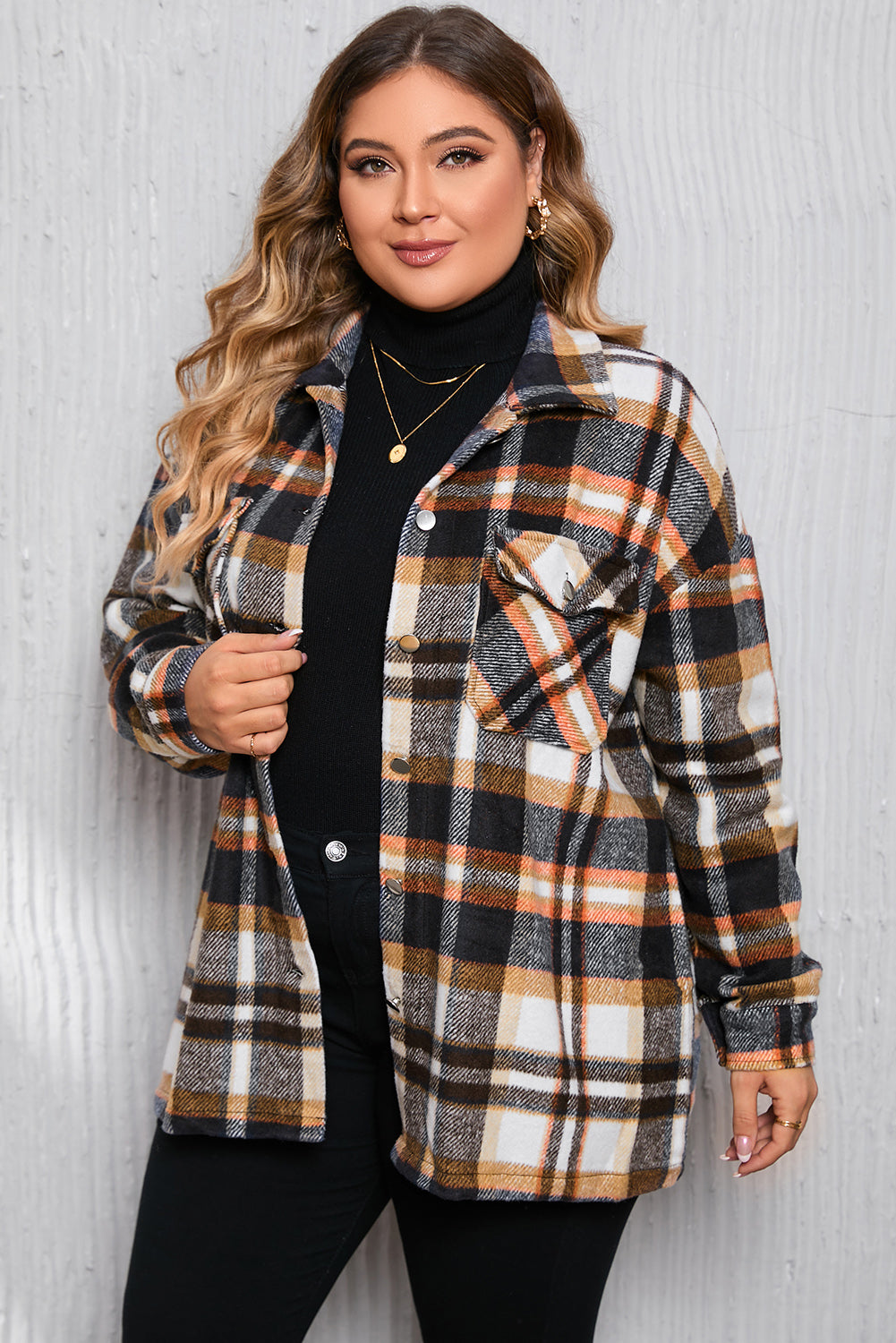 Navy Blue Plus Size Plaid Flap Pocket Shacket