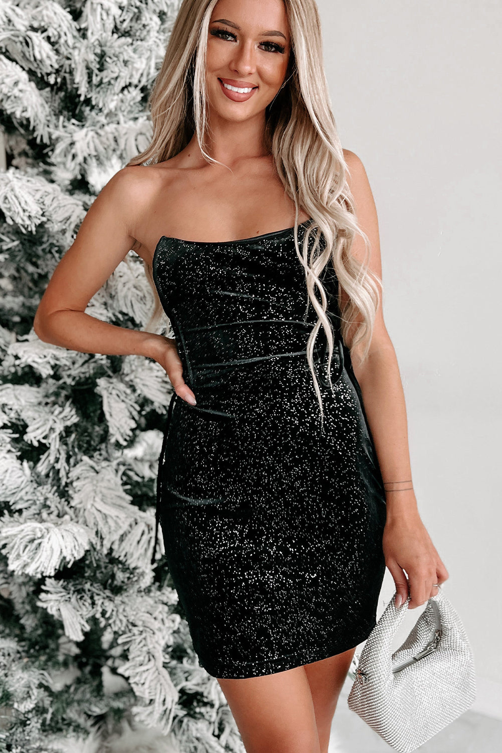 Black Velvet Sequin Lace-Up Tube Mini Dress