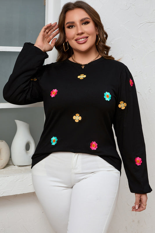 Black Plus Size Flower Embroidered Puff Sleeve Top