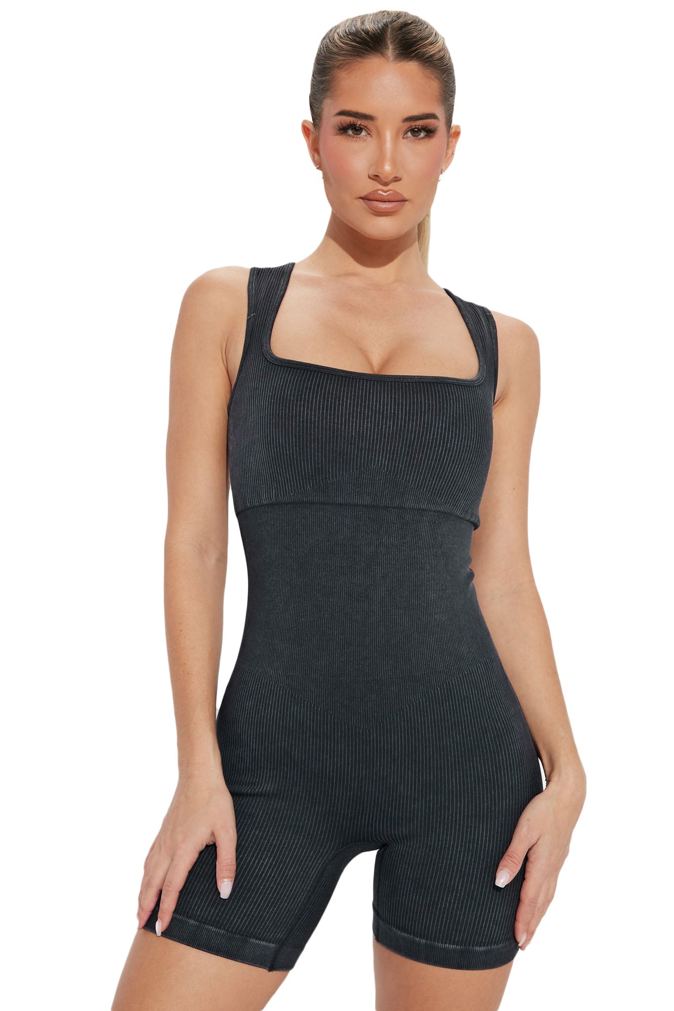 Black Ribbed Square Neck Padded Sports Romper