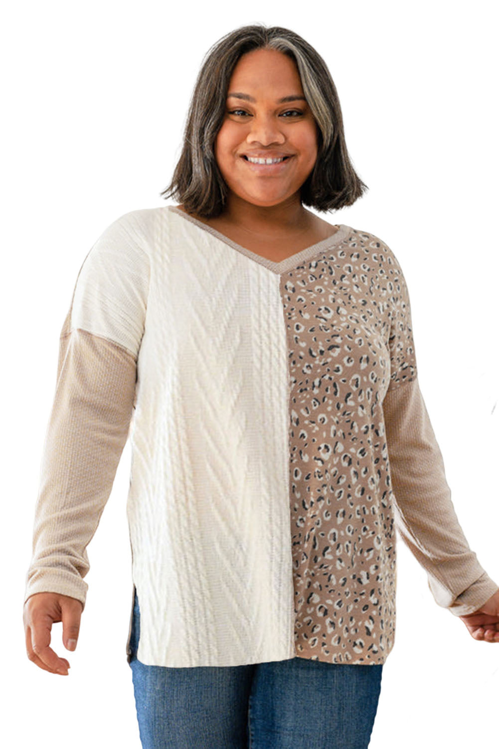 Gray Plus Size Leopard Patchwork Mix Knit Long Sleeve Top