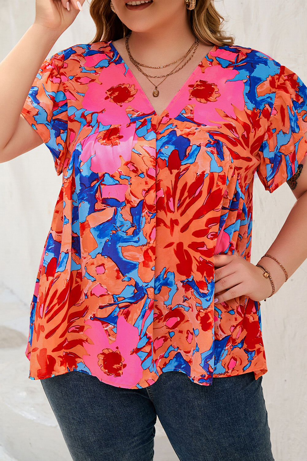 Fiery Red Abstract Floral Print V Neck Plus Blouse