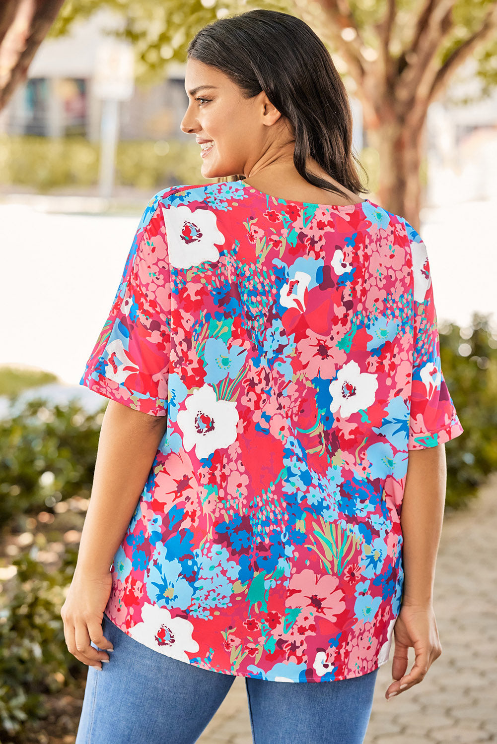 Sky Blue V Neck Dolman Sleeve Plus Size Floral Blouse