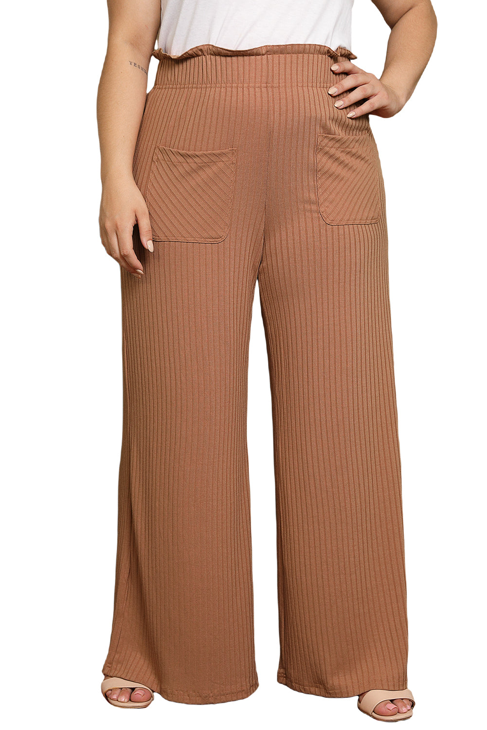 Brown Ribbed Patch Pocket Frill Waist Wide Leg Plus Pants