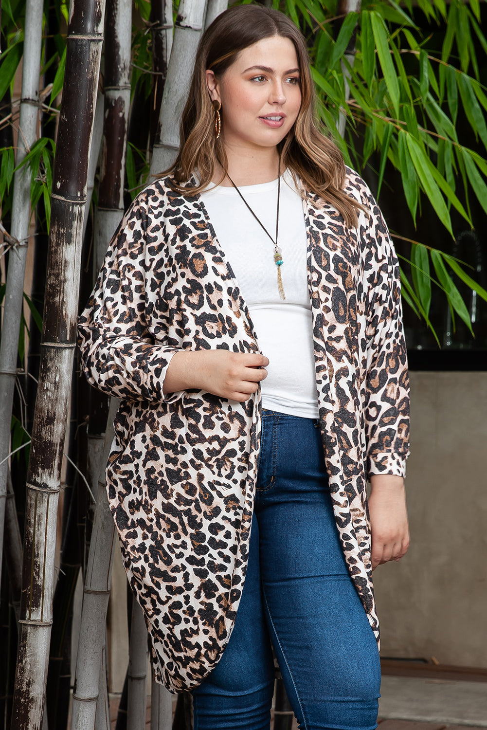 Leopard Plus Size Draped Open Front Cardigan