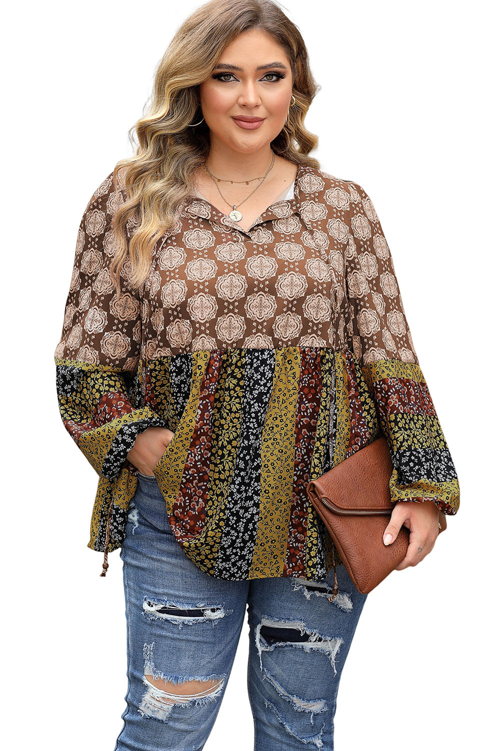 Brown Mix Floral Striped Ethnic Splicing Plus Size Blouse