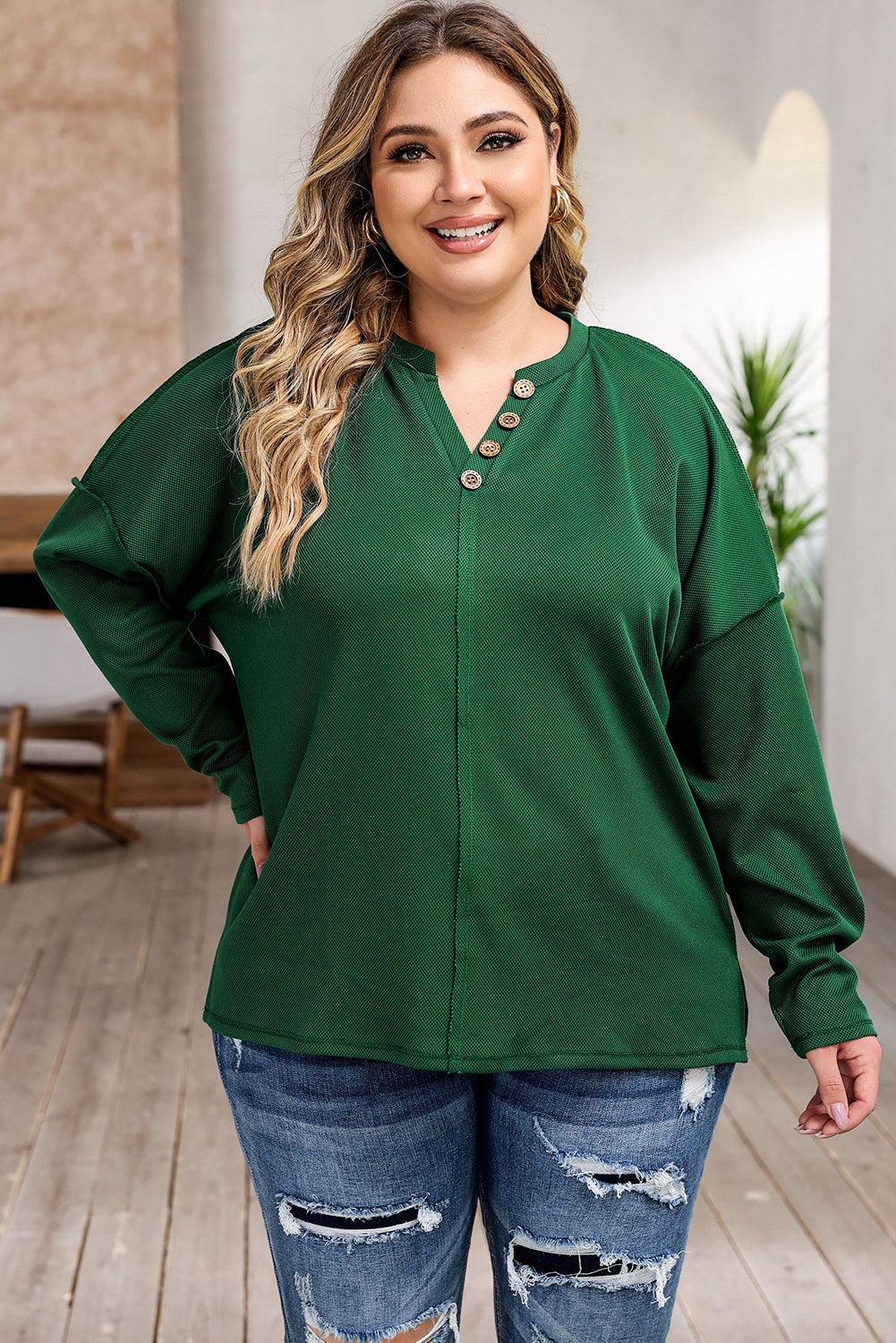 Green Exposed Seam Henley Buttoned Plus Size Long Sleeve Top