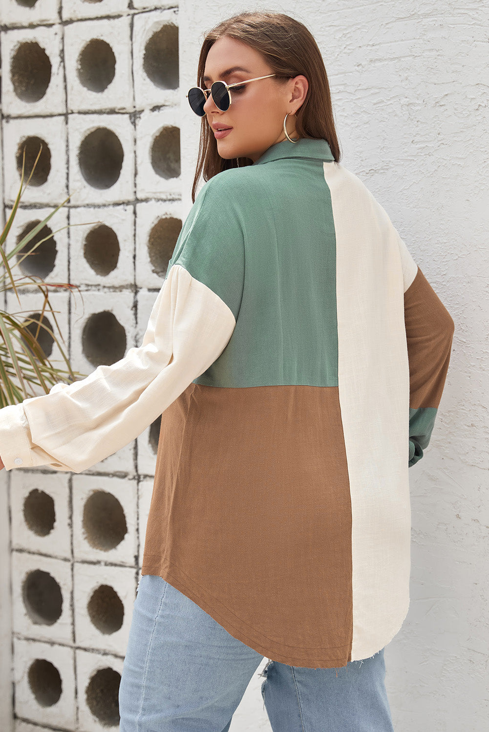 Green Colorblock Raw Edge Plus Size Shirt