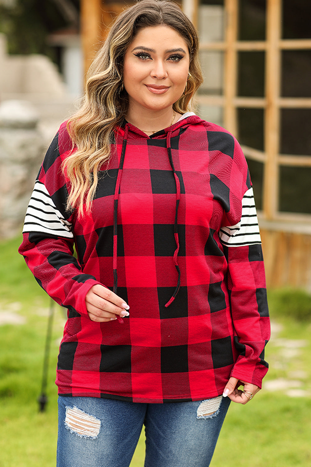 Fiery Red Plus Size Plaid Striped Patch Sleeve Hoodie