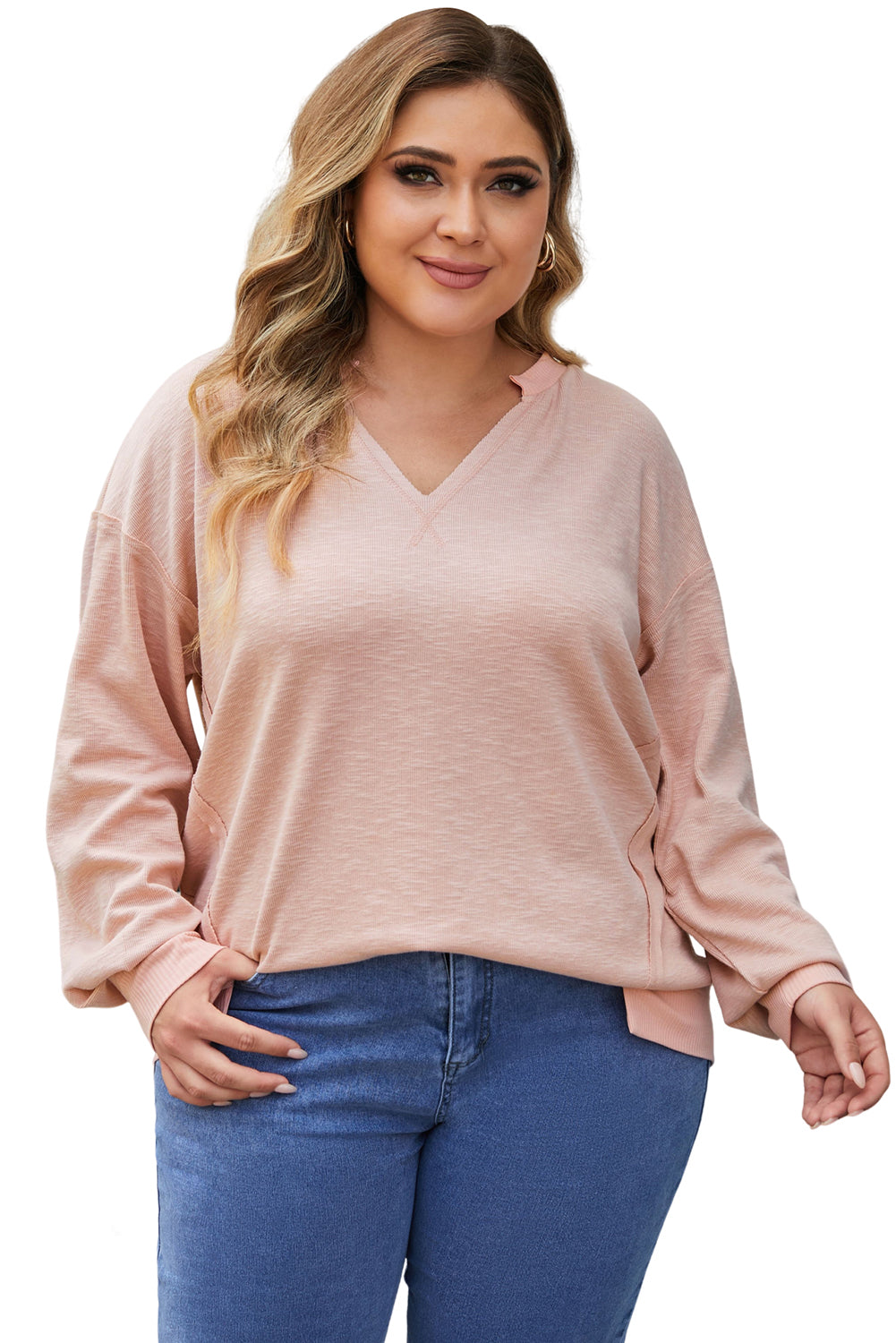 Pink Raw Cut Notched Neck Plus Size French Terry Hoodie