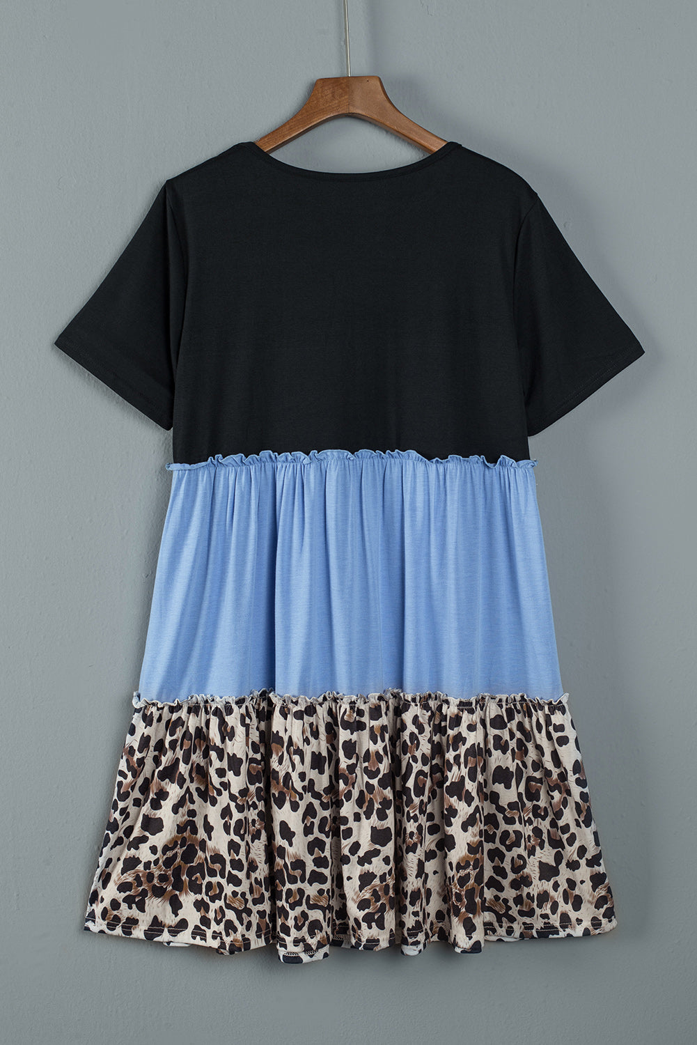 Sky Blue Colorblock Leopard Patchwork T Shirt Plus Size Dress