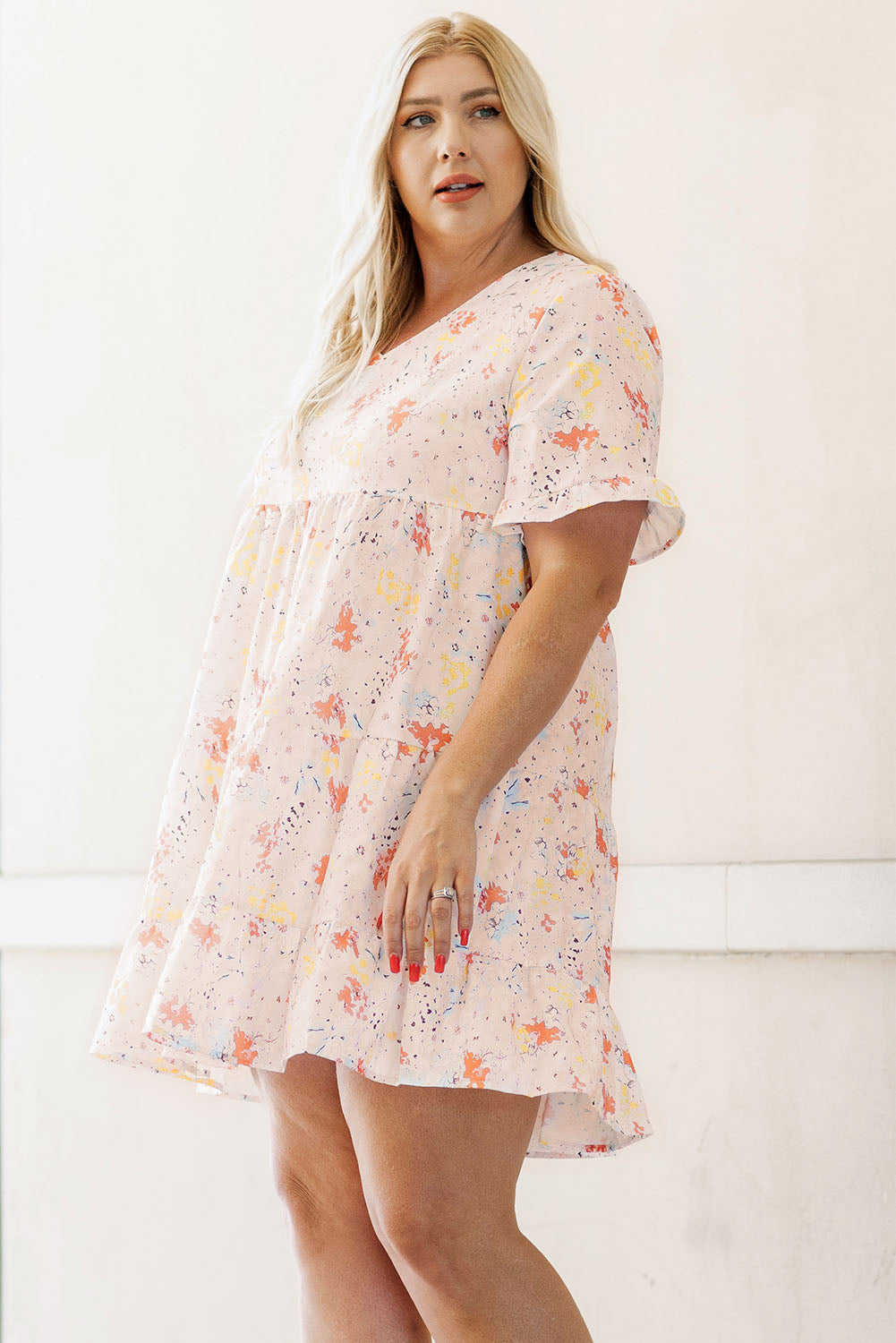 Pink Plus Size Floral Pattern Babydoll Swing Dress