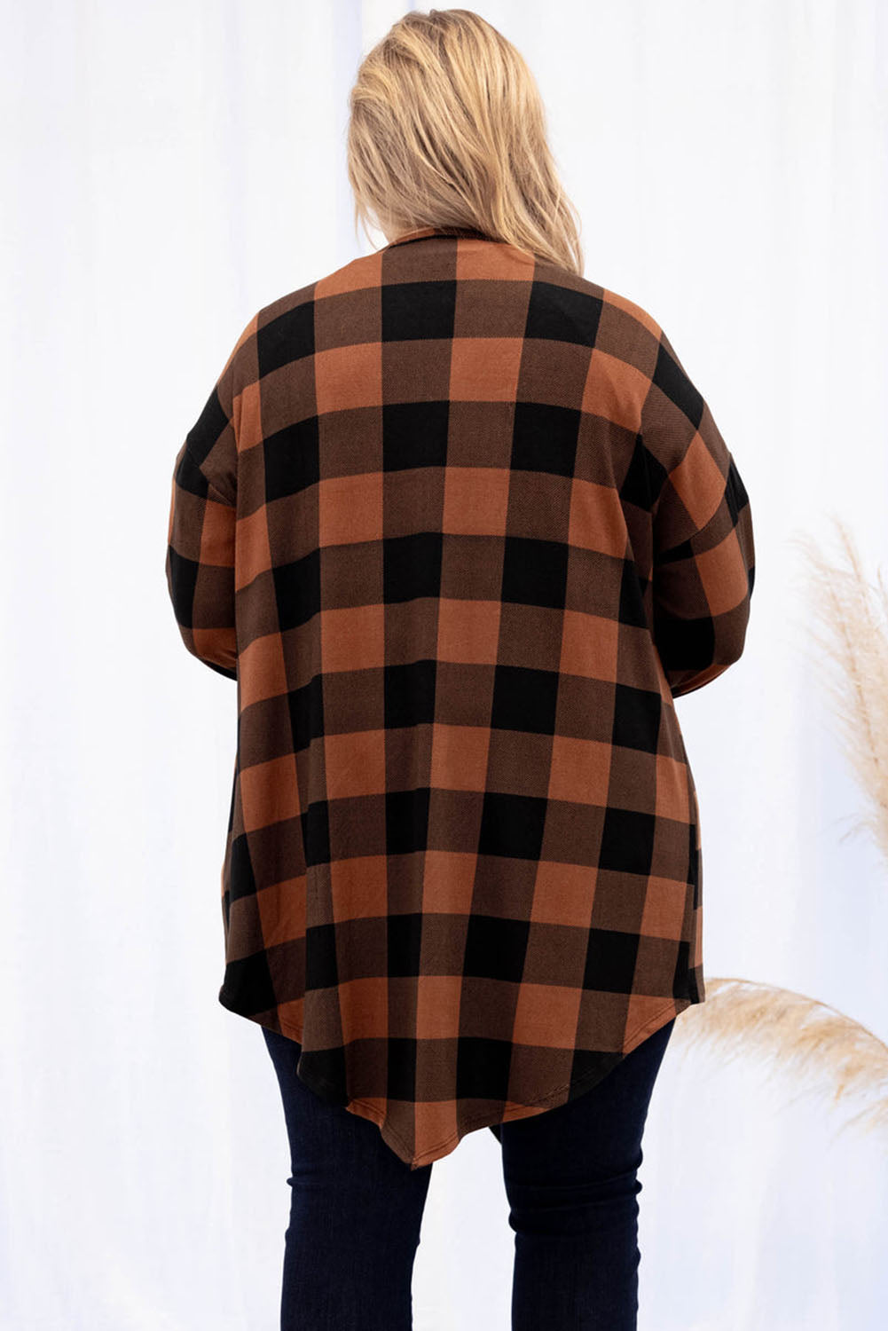 Brown Plus Size Plaid Pattern Open Front Cardigan