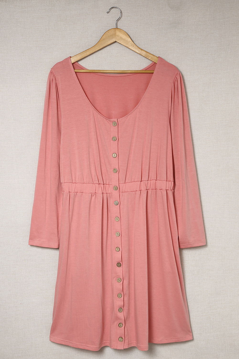 Pink Solid Button Front Plus Size Long Sleeve Dress