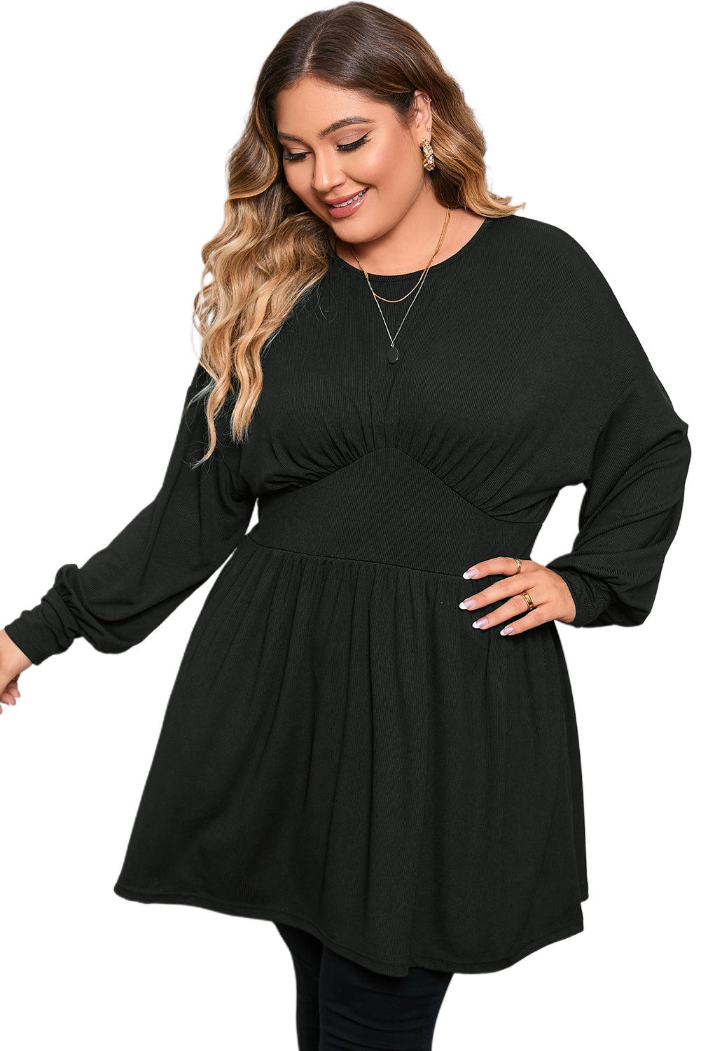 Black Plus Size Ribbed Knit Long Sleeve Tunic Babydoll Top