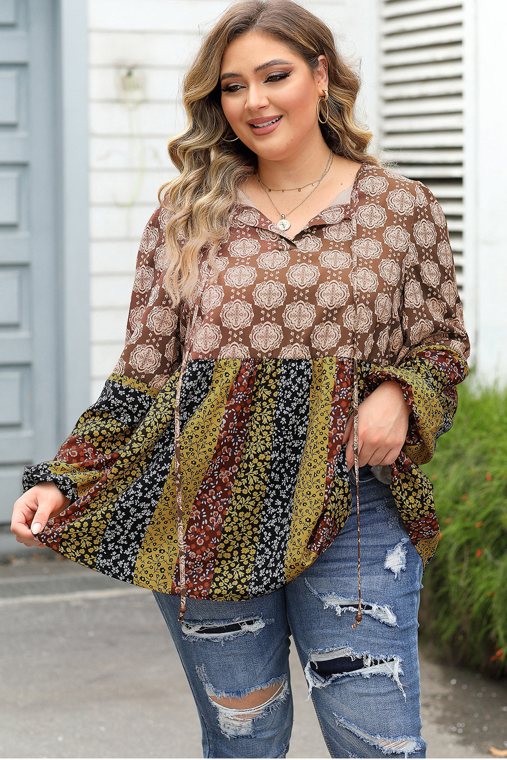 Brown Mix Floral Striped Ethnic Splicing Plus Size Blouse