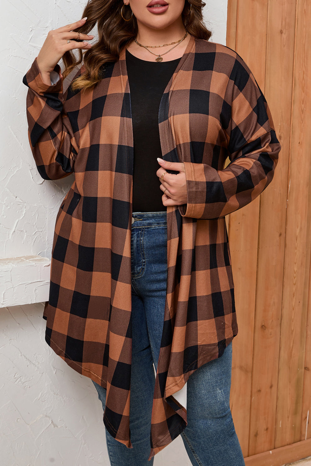 Brown Plus Size Plaid Pattern Open Front Cardigan