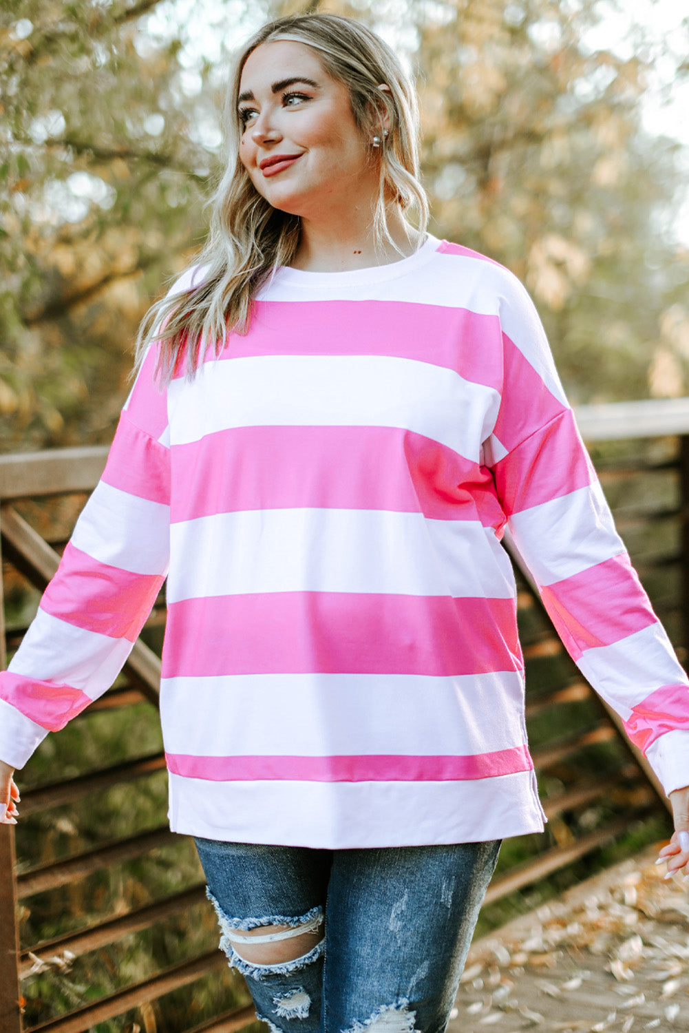 Pink Striped Side Slit Plus Size Sweatshirt