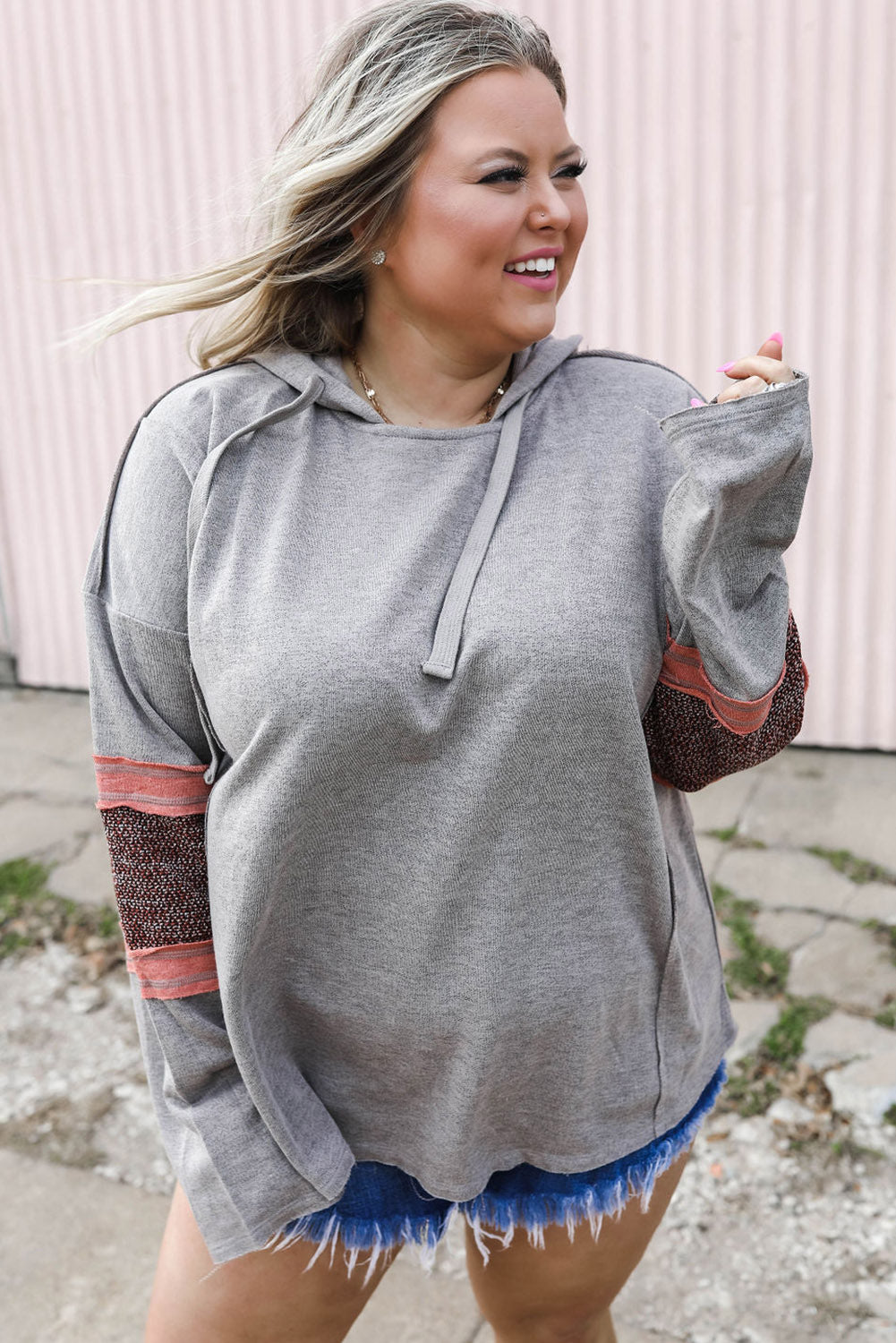 Gray Contrast Patched Sleeve Plus Size Hoodie